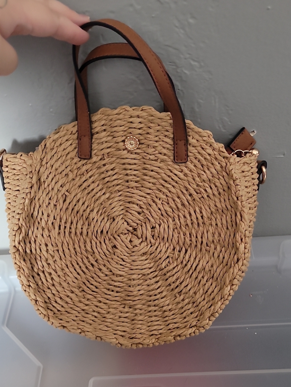 LC Lauren Conrad Tan Straw Circle Crossbody with Brown Handles